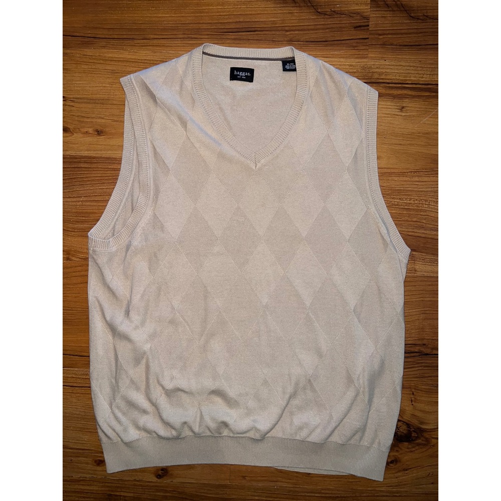 Haggar Mens XL Argyle V-Neck Sweater Vest Beige Tan